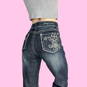 Y2K Rhinestone Fleur De Lis Mid Rise Mall Goth Jeans size 8 w31 w32
