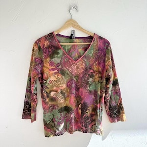 Y2K Green Pink Floral Paisley Baby Tee Shirt Size Medium Large