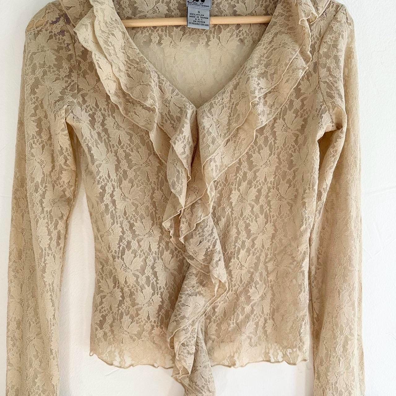 Vintage 90s Tan Lace Wide Sleeve Ruffle Blouse Shirt Size