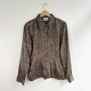 Vintage 90s Brown Silky Leopard Print Button Up Blouse Shirt Size 6 medium