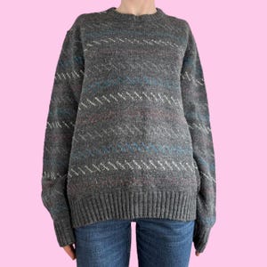 Vintage 80s Arrow Grey Multicolor Geometric Striped Knit Grandpa Sweater Size Large