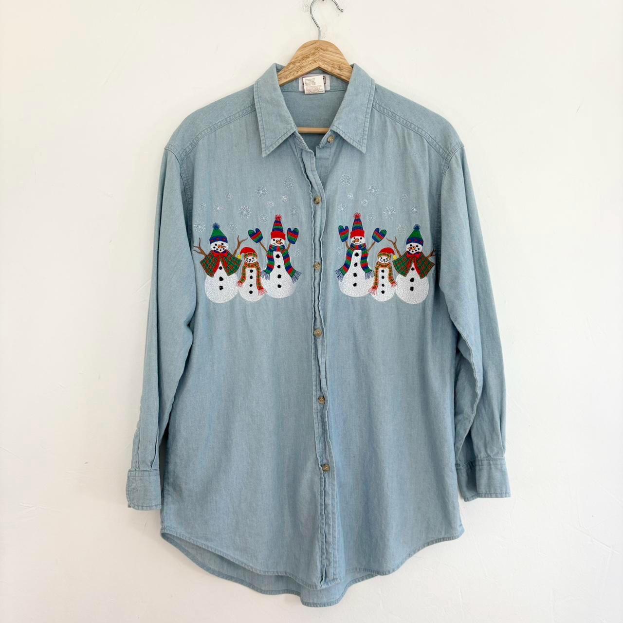 Vintage 90s Denim Christmas Snowman Embroidered Novelty