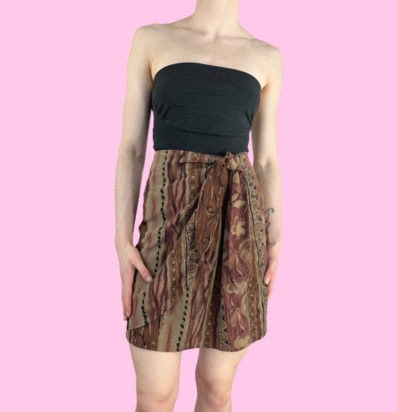 Vintage 90s Brown Neutral Boho Abstract Wrap Skirt