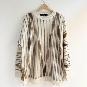 Vintage 80s Cream Brown Geometric Striped Grandpa Sweater Size Large