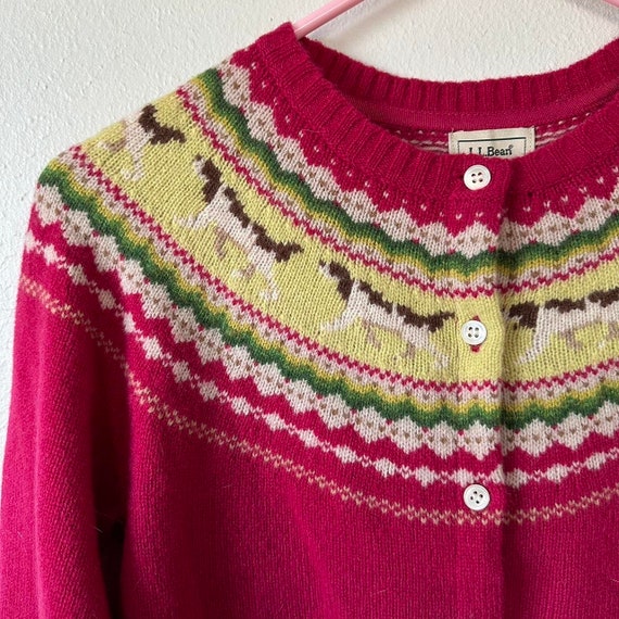 Vintage LL Bean Fair Isle Pink Dog Wool Cardigan … - image 6