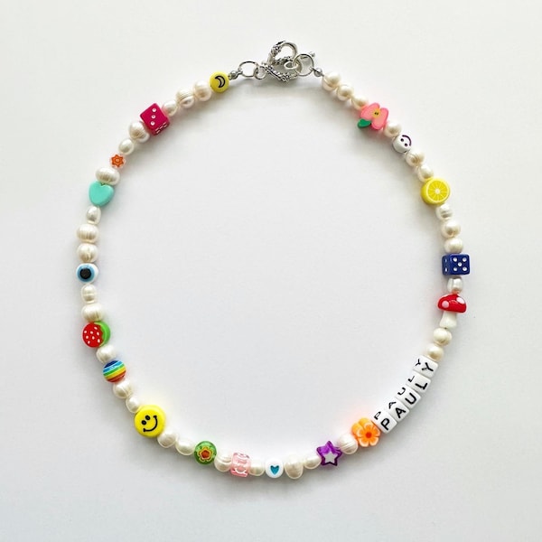 Handmade Beaded Name Necklace: Freshwater Pearl, Glass & Clay