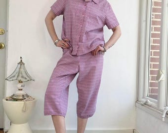 Vintage pink/purple and multicolor plaid capris and blouse set by Koret Petite / size large