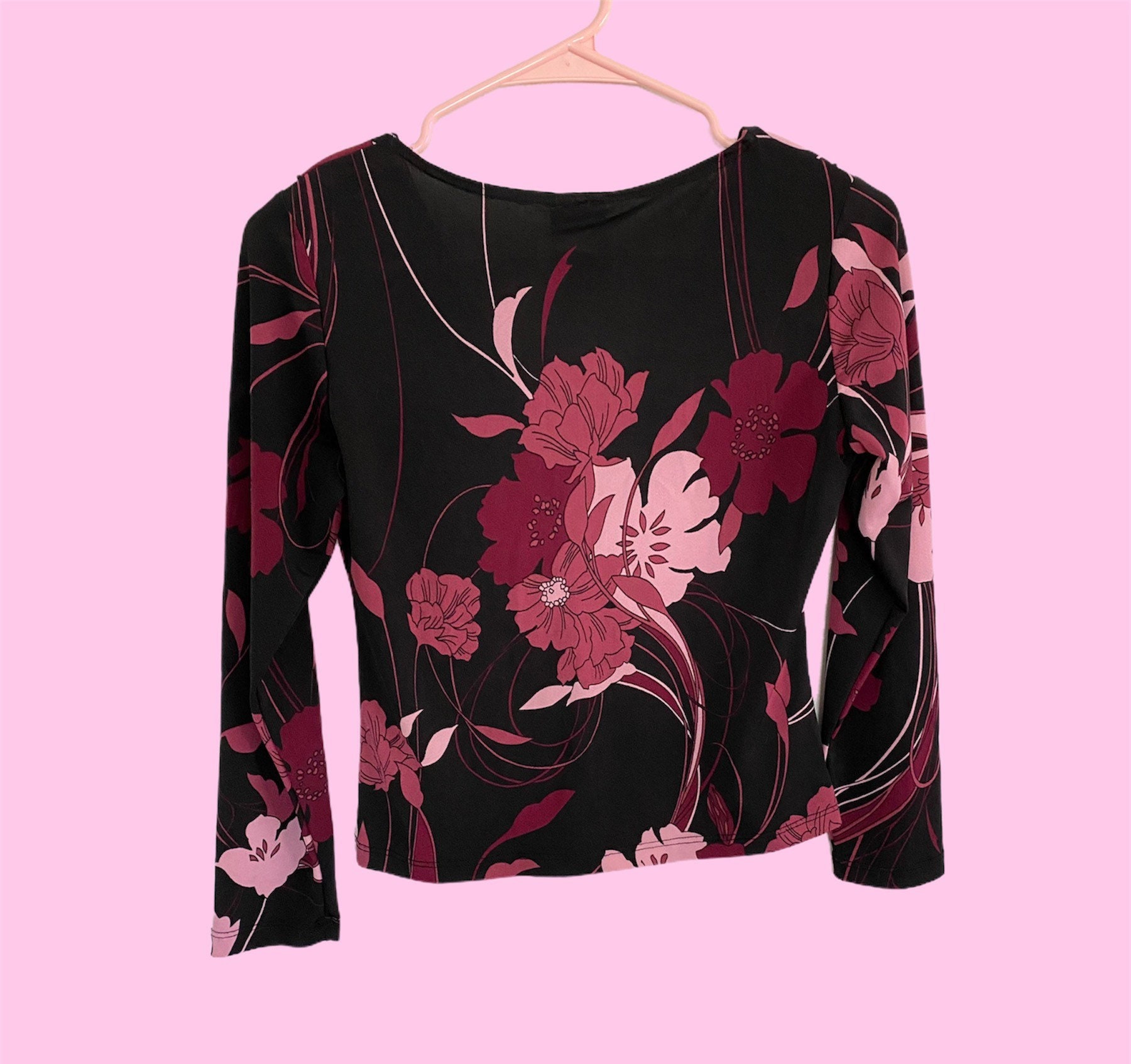 トップス Vintage black pink flower silk blouse VINTAGE Lady Manhattan Top Women 8 Pink Black Button Up