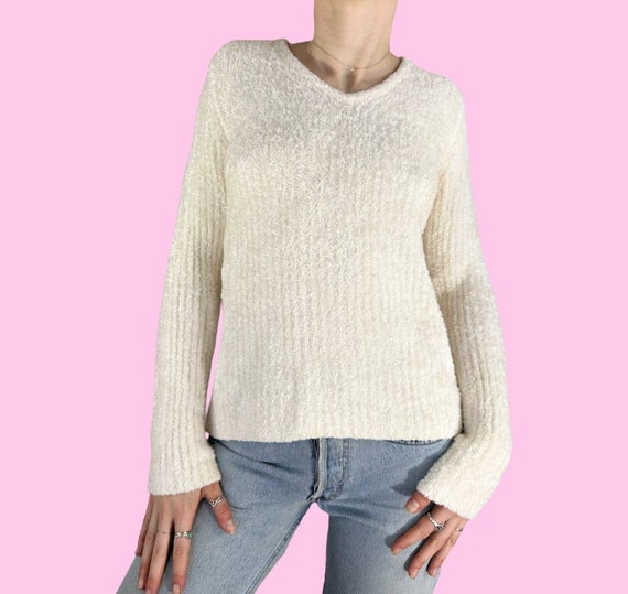 Y2K Cream Soft Fuzzy Sweater Size Medium - image 2