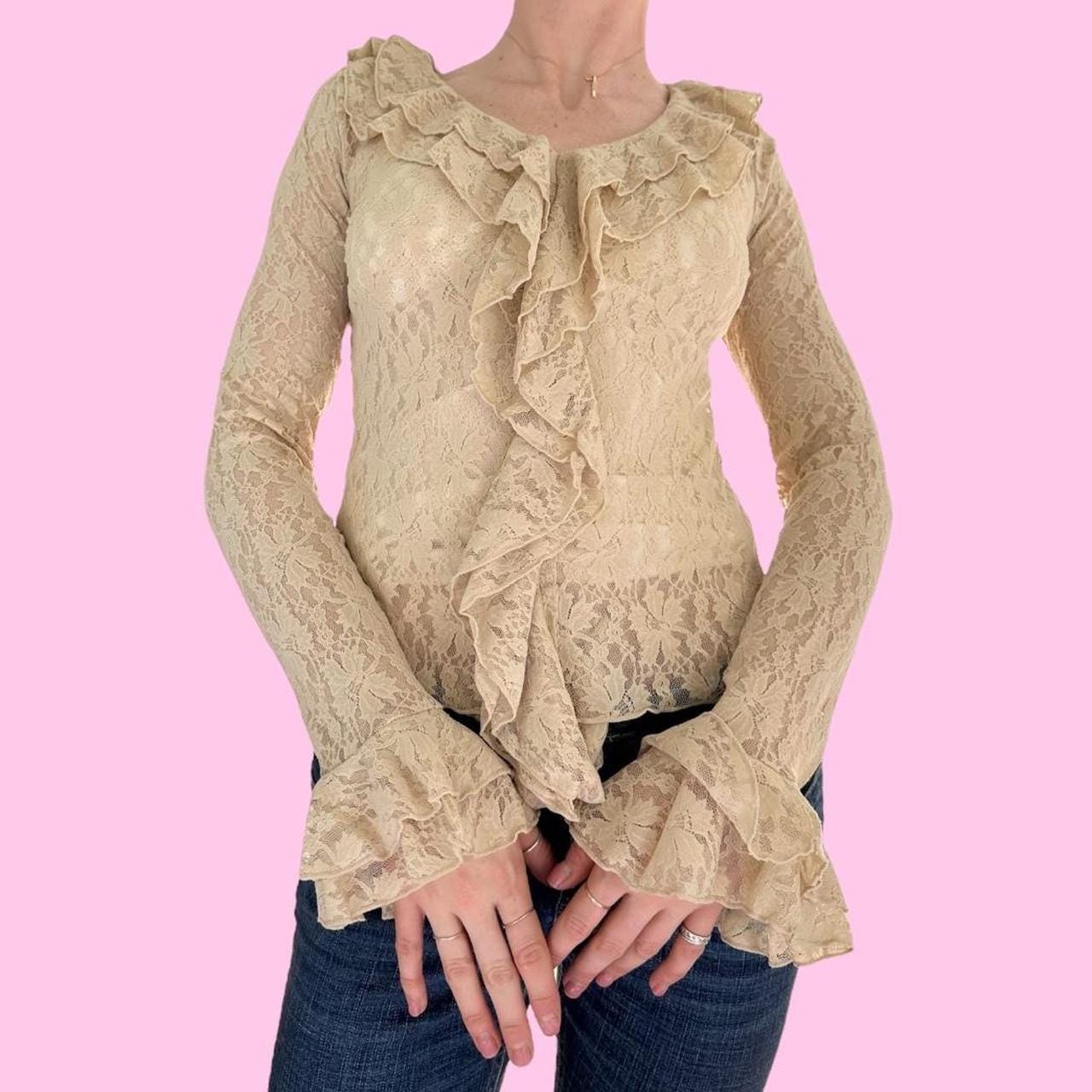 Vintage 90s Tan Lace Wide Sleeve Ruffle Blouse Shirt Size
