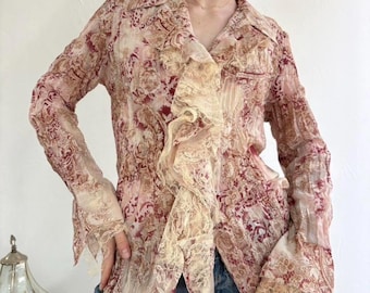 Y2k pink and cream floral paisley lace textured ruffle babydoll top by Notations size large