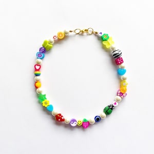 Collier de perles Y2K fait main : smiley arc-en-ciel, Yin Yang