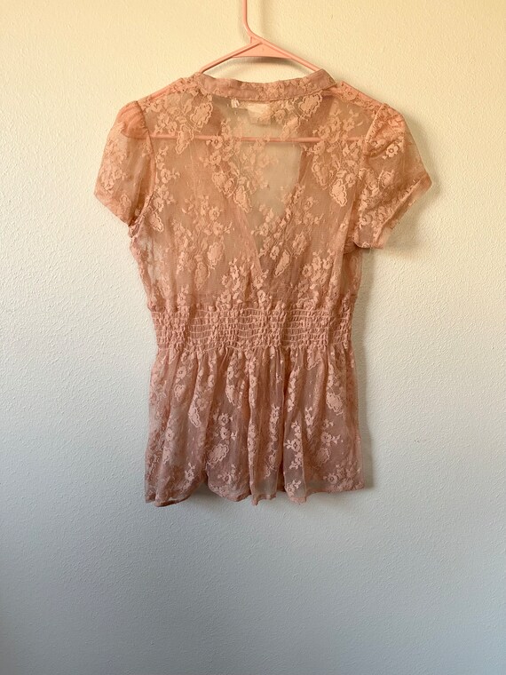 Y2K Pink Floral Lace Bow Babydoll Shirt Size small - image 3