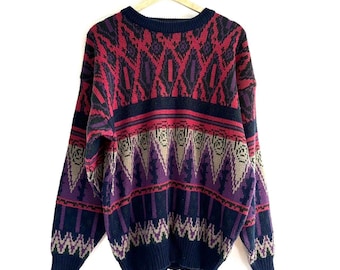 Vintage 90s Navy Blue Multicolor Geometric Grandpa Sweater Size Large