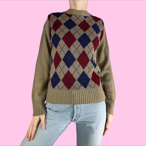 Vintage 70s Brown Argyle Grandpa Sweater size sma… - image 1