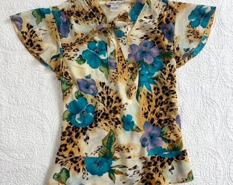 Y2k tan and multicolor floral cheetah print blouse by Michele Michelle size small