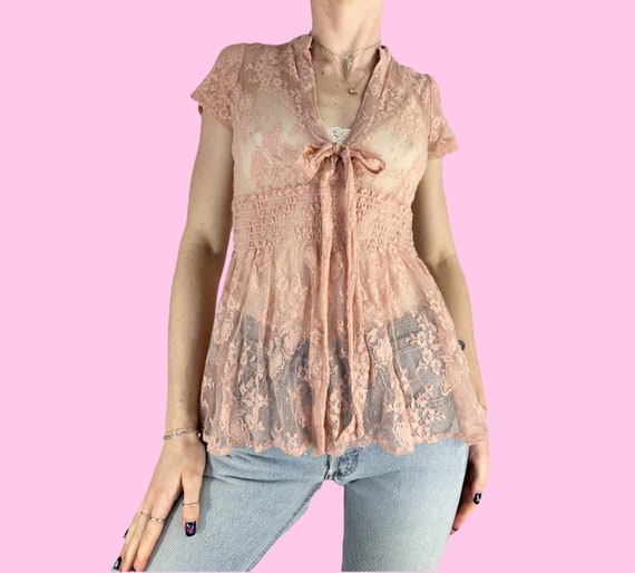 Y2K Pink Floral Lace Bow Babydoll Shirt Size small - image 1