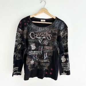 Y2K Black Western Cowgirl Rhinestone Baby Tee Shirt Size XL