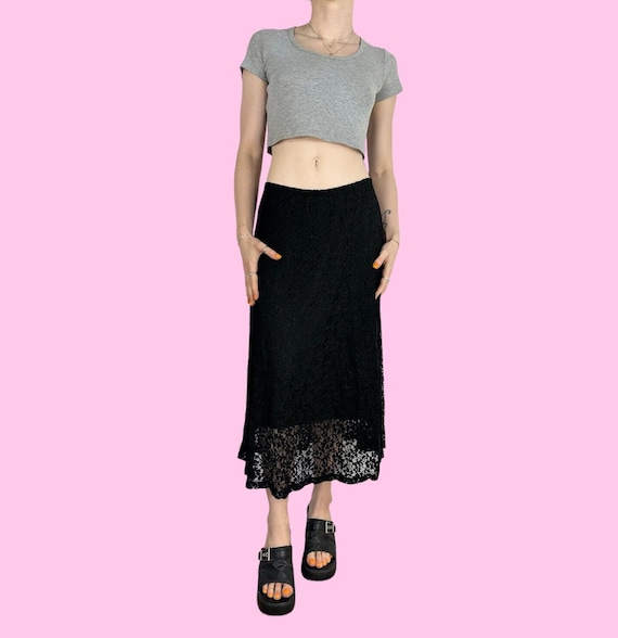 Y2K Black Crochet Lace Low Rise Fairy Grunge Maxi… - image 1