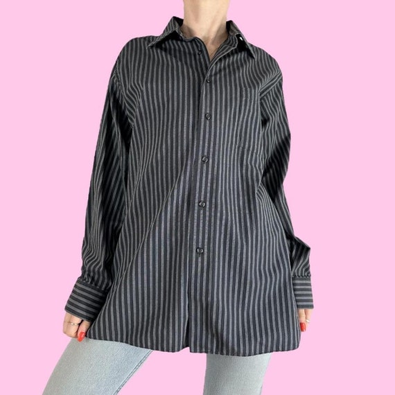 Y2K Black Grey Striped Cybercore Dress Shirt  Siz… - image 2