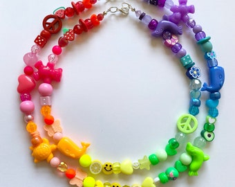 Handmade Rainbow Beaded Necklaces, Beaded Necklace, 90s Inspired Trendy Beaded Necklace, Chunky Rainbow Necklace, Pride Necklace, Y2K