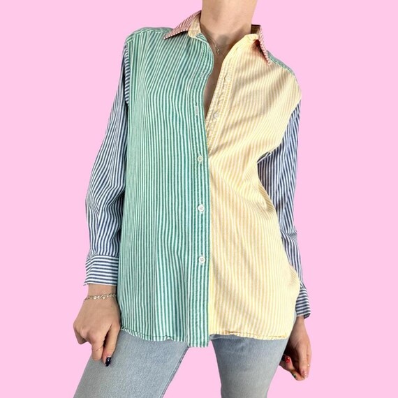 Vintage 90s Primary Color White Striped Blouse Sh… - image 2