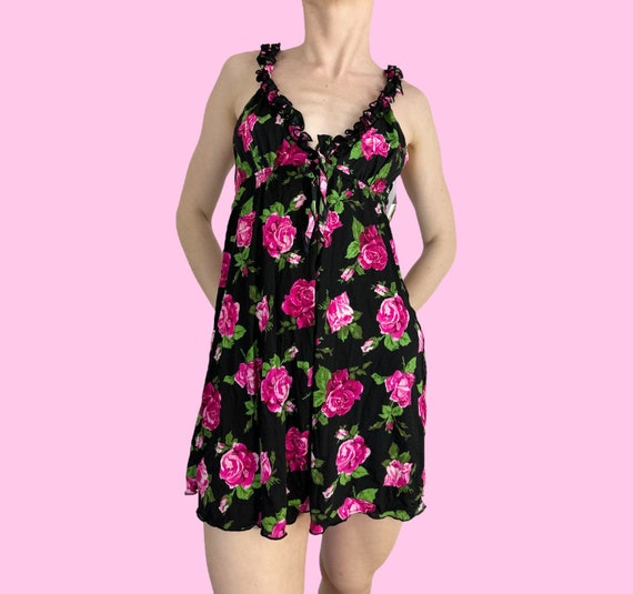 Y2K Black Pink Floral Ruffle Lingerie Mini Dress … - image 2