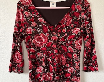 Y2K Brown Pink Floral Fairy Grunge Babydoll Baby Tee Shirt  Size Small