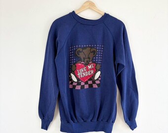 Vintage 80s Blue “Love Me Tender” Teddy Bear Sweatshirt Size small medium