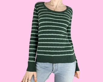 Y2K Green Striped Cable Knit Sweater Size Medium