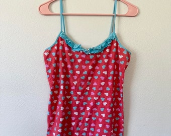 Y2K Red Blue Heart Lace Coquette Tank Top Cami Size Large