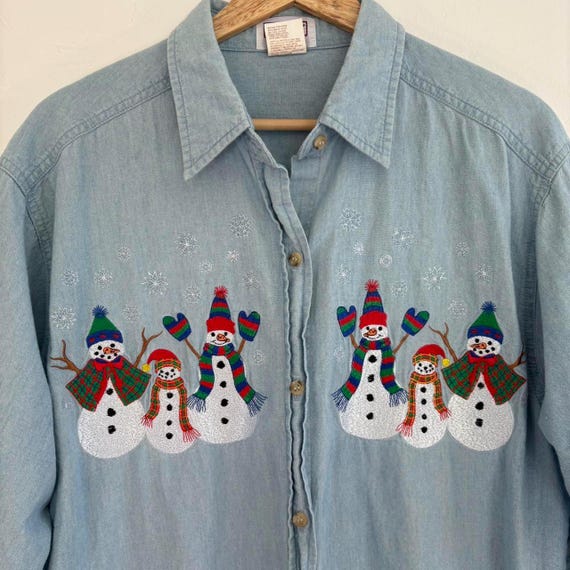 Vintage 90s Denim Christmas Snowman Embroidered Novelty