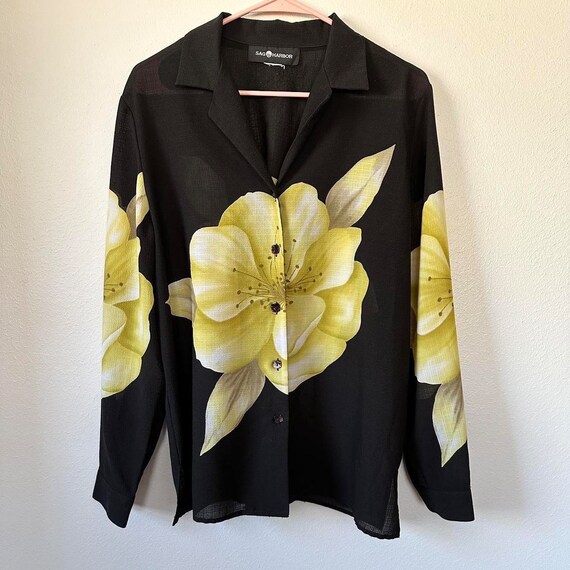 Vintage 90s Black Floral Semi Sheer Blouse Shirt … - image 3