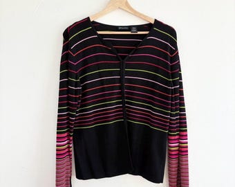 Vintage 90s Black Multicolor Striped Knit Wide Sleeve Cardigan by Yarns & Stitches Size Medium