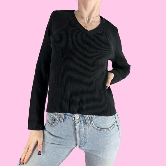 Y2K Black V-Neck Ribbed Sweater Blouse Size Medium - image 2