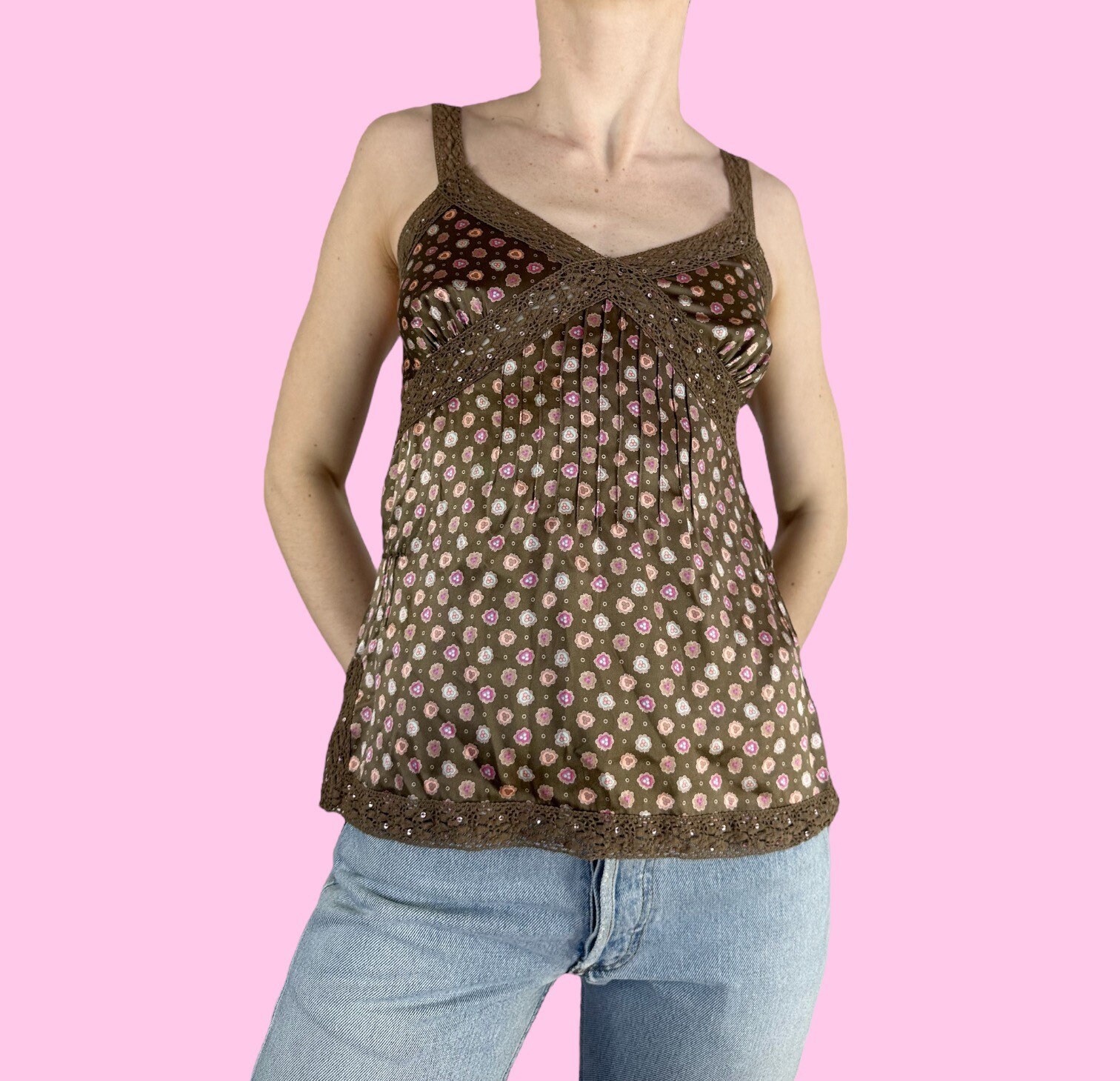 Y2K American Eagle Brown Floral Babydoll Fairy Grunge Silk