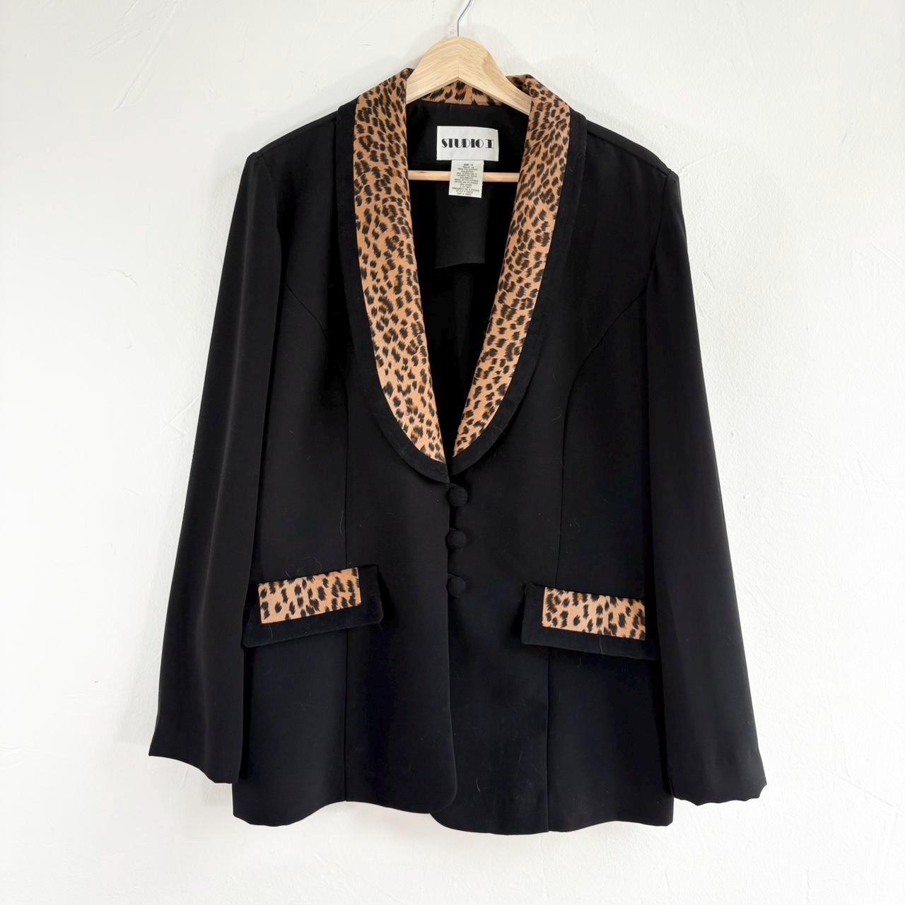 Vintage 90s Black Leopard Print Blazer Jacket by Studio I size 14