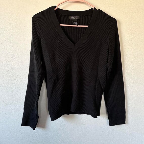 Y2K Black V-Neck Ribbed Sweater Blouse Size Medium - image 3