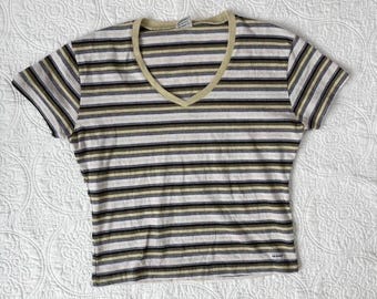 Y2K white and green striped baby tee by Union Bay size medium