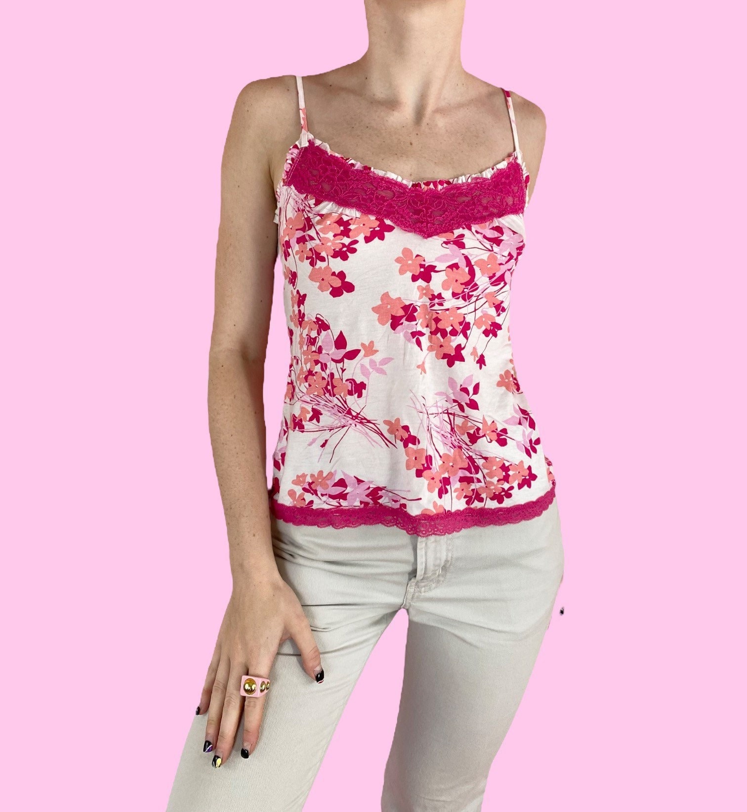 Y2K Pink White Floral Lace Babydoll Tank Top Cami Size Y2K Pink White Floral Lace Babydoll Tank Top Cami Size