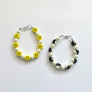 Handmade Customizable Beaded Bracelet, Beaded Pearl Bracelet, Unisex Beaded Bracelet, Yin Yang Bracelet, Smiley Face Pearl Bracelet
