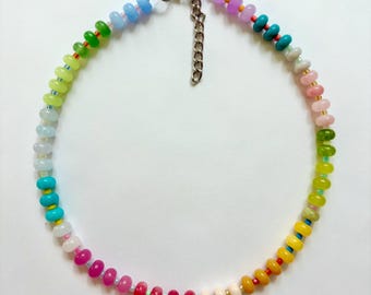 Chunky multicolor beaded natural stone necklace, candy stripe necklace, Anthropologie jewelry
