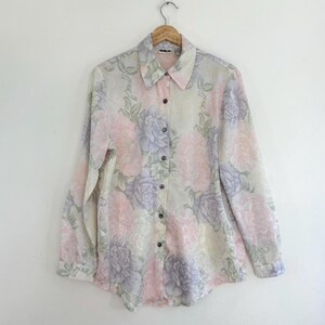 Vintage 90s White Pastel Multicolor Floral Silk Button Up Blouse Shirt Size medium