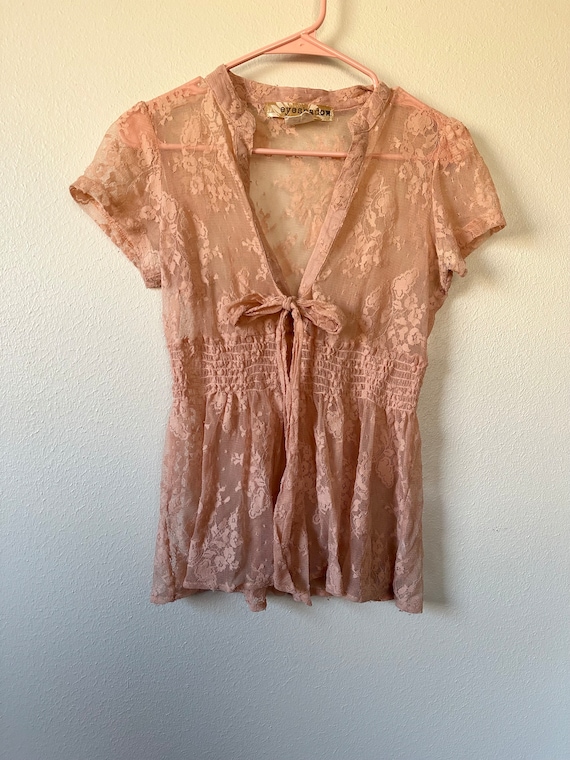 Y2K Pink Floral Lace Bow Babydoll Shirt Size small - image 2