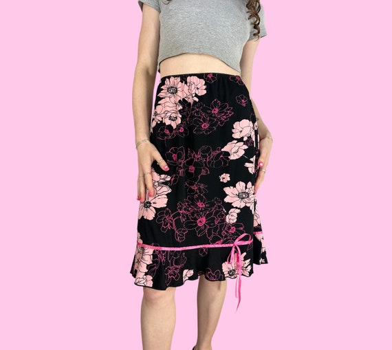 Y2K Black Pink Floral Midi Skirt Size XL Etsy Ireland