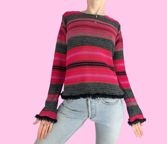 Vintage 90s Pink Black Striped Textured Sweater S… - image 2