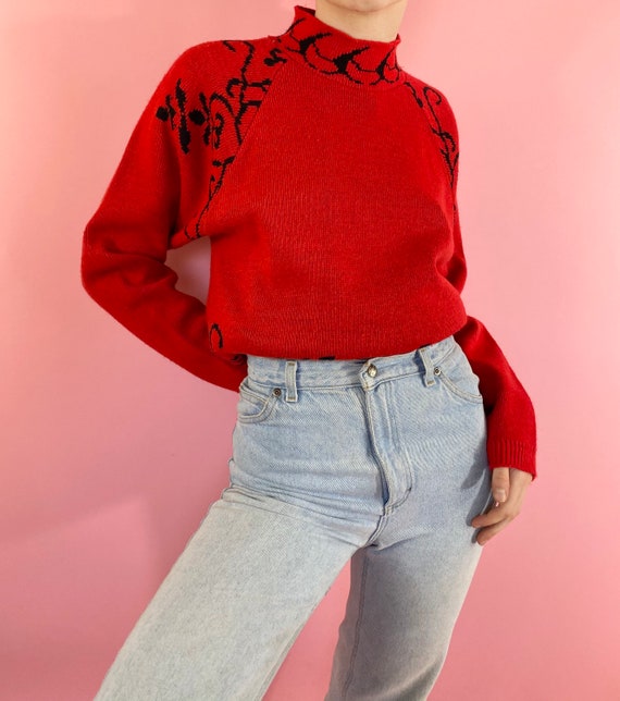 Vintage 80s 1980s Knit Black Red Floral Vine Print