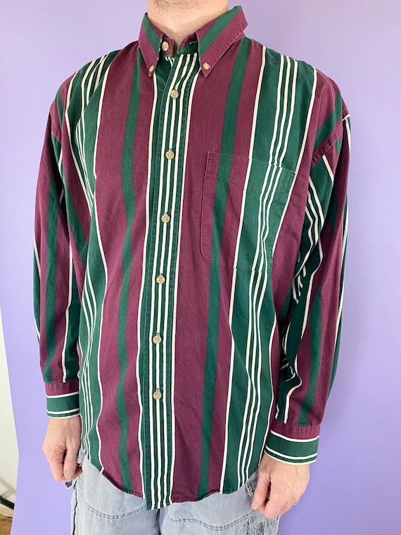 Vintage 90s 1990s Striped Print Casual Dark Green