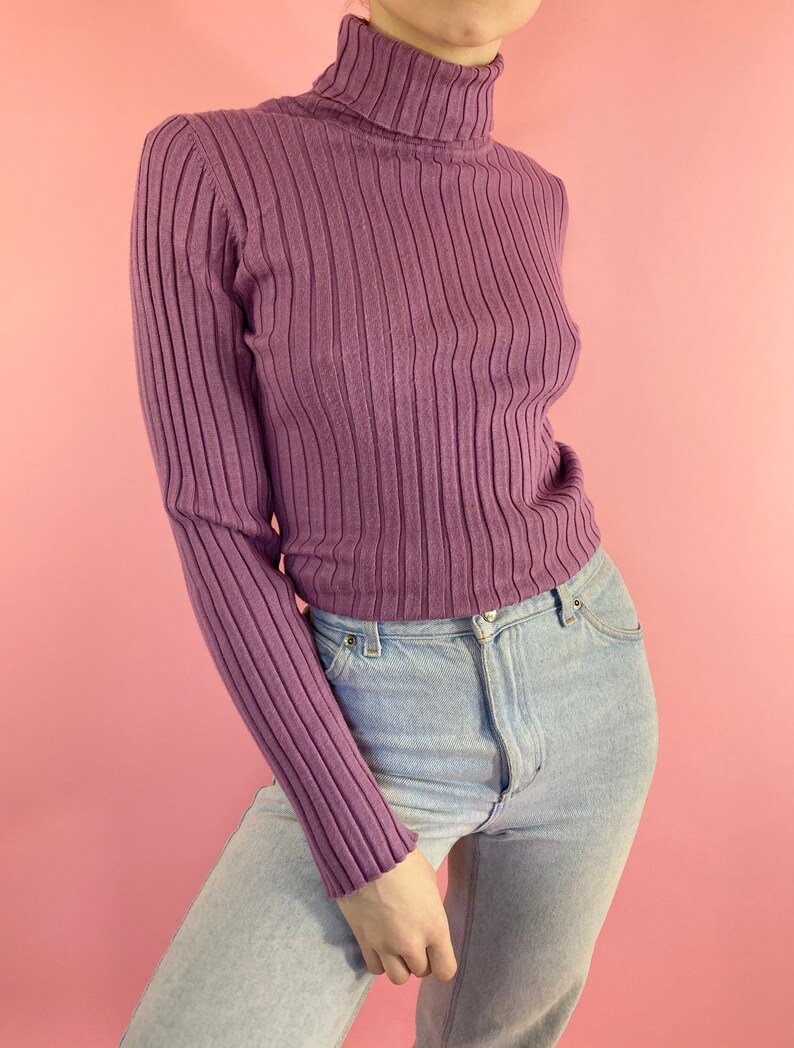 Vintage 90s 1990s Ribbed Purple Solid Print Basics Long Sleeve Turtleneck Sweater Shirt Blouse