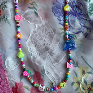 Handmade 90s Y2K Inspired Trendy Beaded Necklace Random Mismatched Fun Beads Smiley Face Fruit Dice Fun Rainbow Necklace Bright Unique